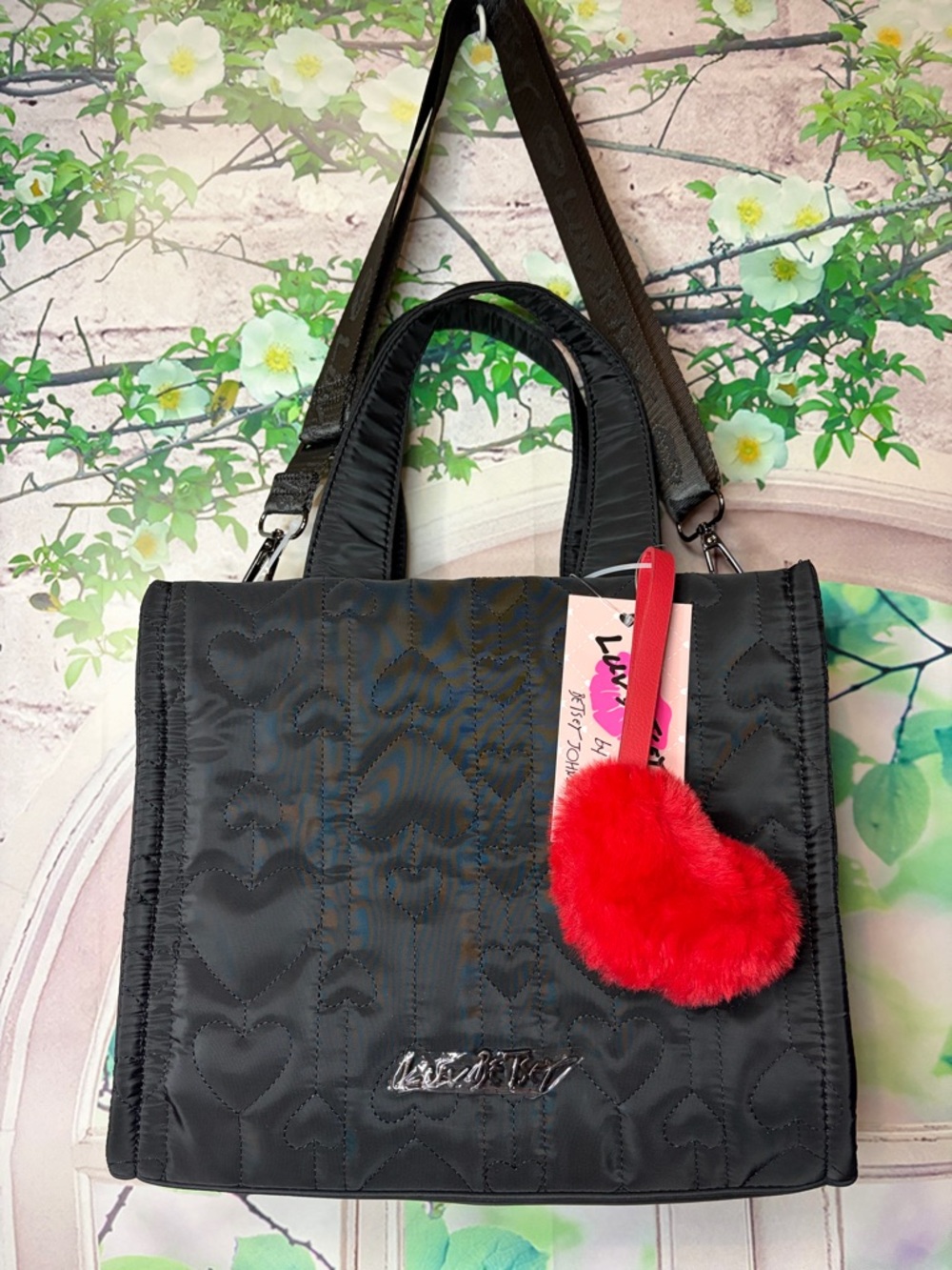 Betsey Johnson Heart XoX Embroidered Fabric Tote Bag With Fuzzy Heart Charm NWT